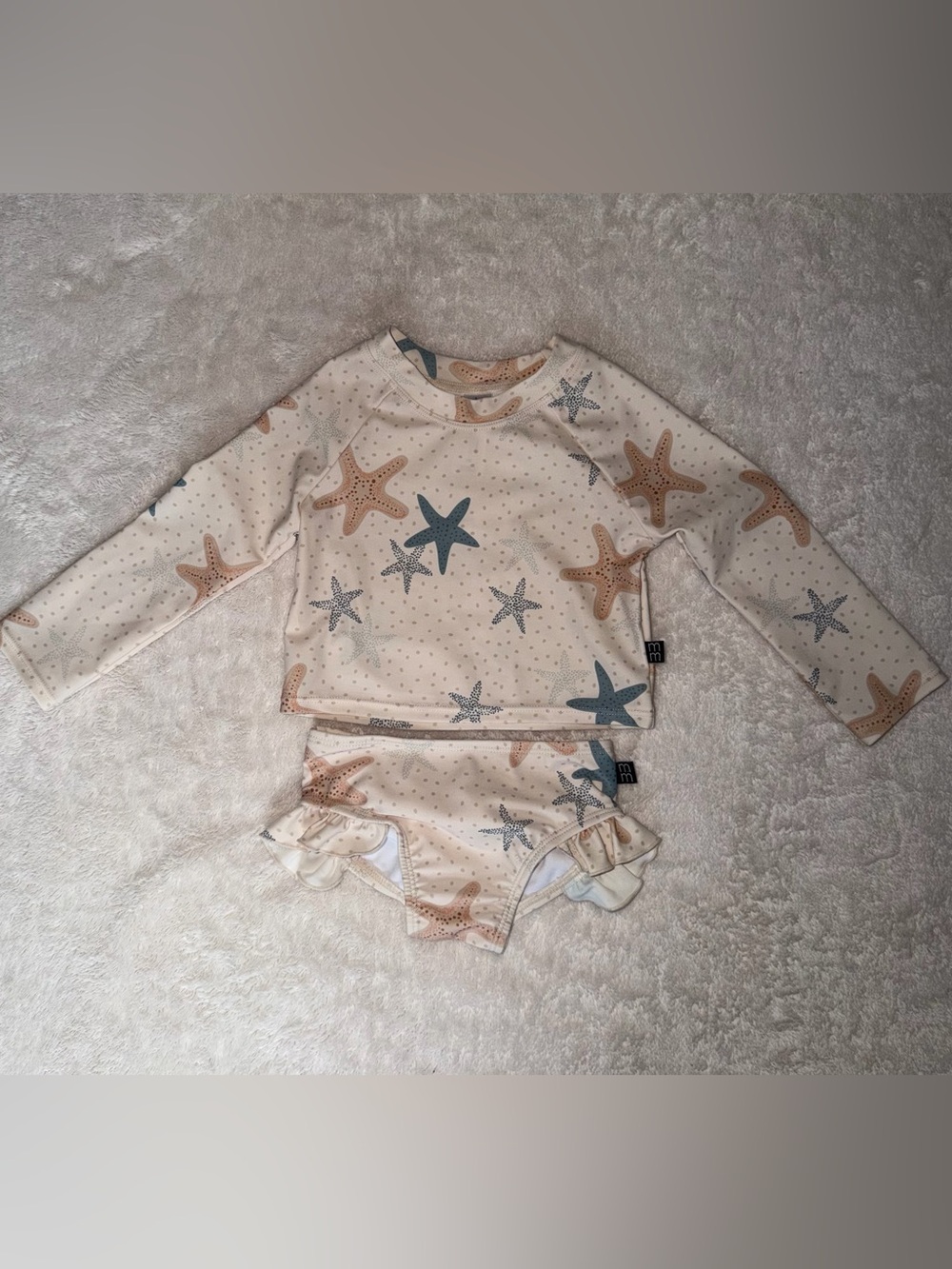 Girls Starfish Long-Sleeve Rash Top & Ruffle Bikini Bottoms - Cream, Blue & Tan